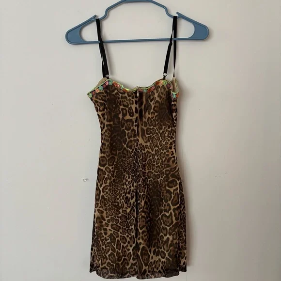 guizio brown cheetah leopard print bodycon mini dress with colourful floral trim - Picture 3 of 6